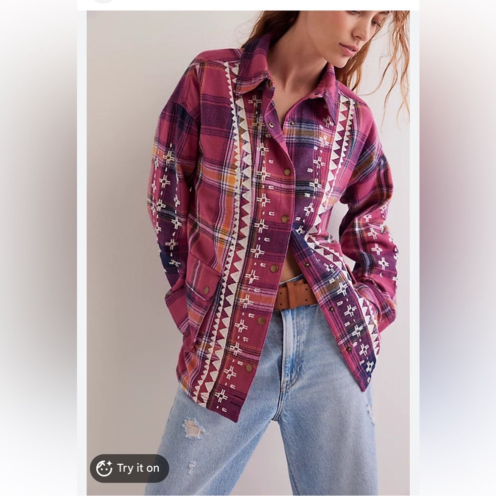 Free people Nordic chill shirt jacket oversized  cotton flannel multi plaid M